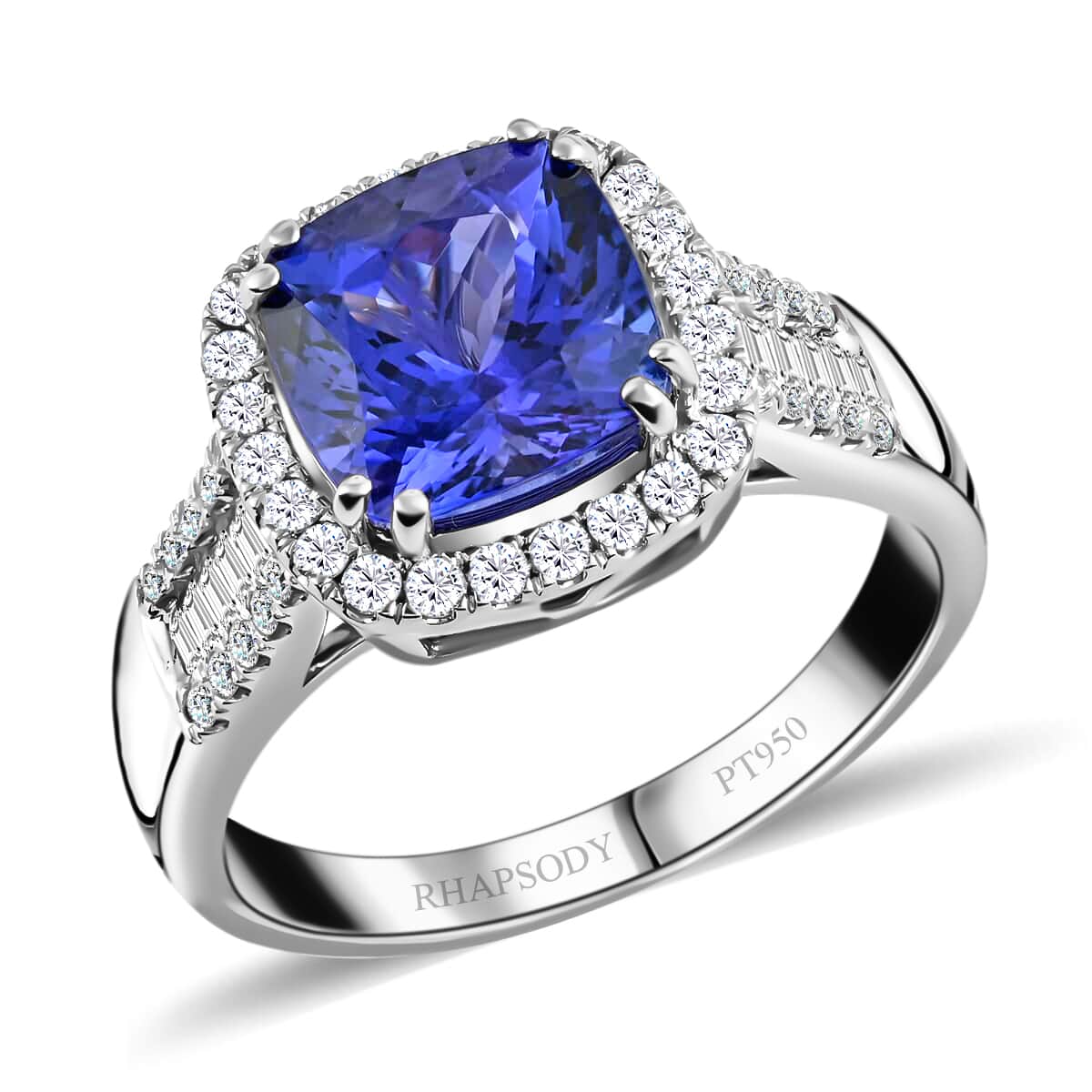 Rhapsody 950 Platinum AAAA Tanzanite and E-F VS Diamond Halo Ring (Size 7.0) 8.65 Grams 4.50 ctw image number 0