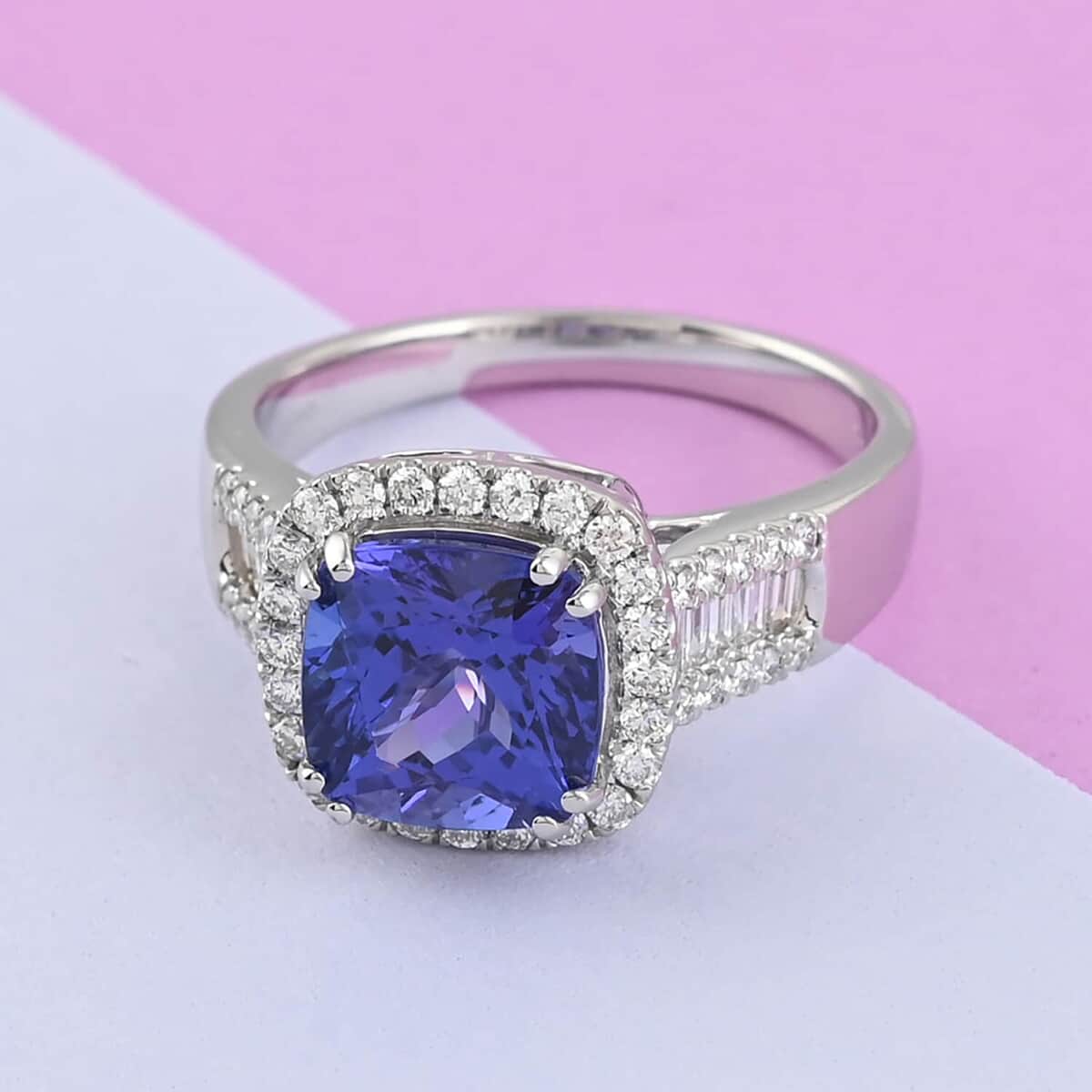 Rhapsody 950 Platinum AAAA Tanzanite and E-F VS Diamond Halo Ring (Size 7.0) 8.65 Grams 4.50 ctw image number 1
