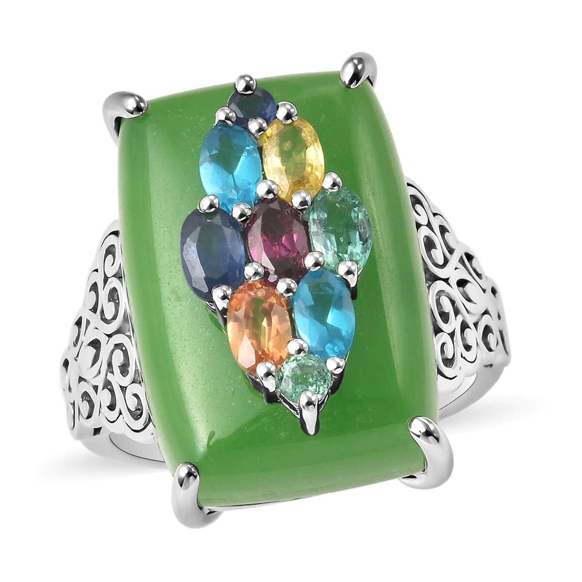 Video Green Jade and Multi Gemstone Art Deco Pattern Ring in Rhodium Over Sterling Silver (Size 10.0) 28.20 ctw image number 0 Green Jade and Multi Gemstone Art Deco Pattern Ring in Rhodium image number 0