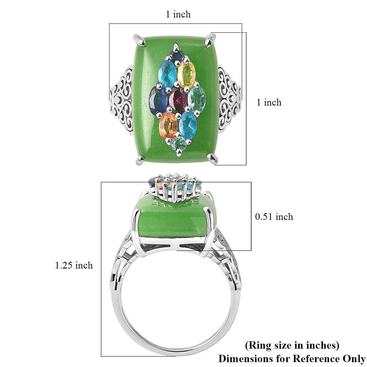 Green Jade (D) and Multi Gemstone Art Deco Pattern Ring in Rhodium Over Sterling Silver (Size 10.0) 28.20 ctw