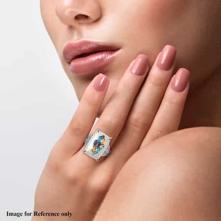 White Jade and Multi Gemstone Art Deco Pattern Ring in Rhodium Over Sterling Silver (Size 9.0) 28.15 ctw image number 2