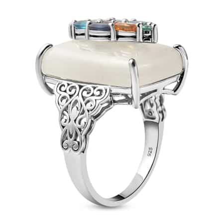 White Jade and Multi Gemstone Art Deco Pattern Ring in Rhodium Over Sterling Silver (Size 9.0) 28.15 ctw image number 3
