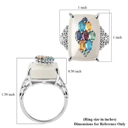 White Jade and Multi Gemstone Art Deco Pattern Ring in Rhodium Over Sterling Silver (Size 9.0) 28.15 ctw image number 5