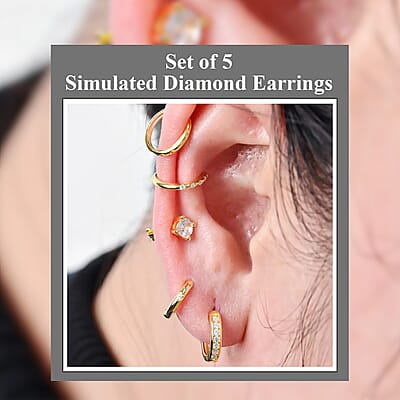 Set of 5 Simulated Diamond 1.40 ctw Earrings in 14K YG Over Sterling Silver, Simulated Diamond Solitaire Studs, Tribal Pattern Earrings, Plain Ear Cuffs, Simulated Diamond Studs