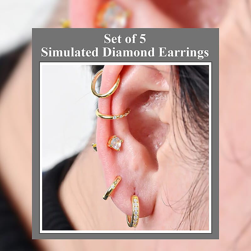 Set of 5 Simulated Diamond 1.40 ctw Earrings in 14K YG Over Sterling Silver, Simulated Diamond Solitaire Studs, Tribal Pattern Earrings, Plain Ear Cuffs, Simulated Diamond Studs