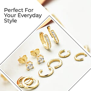 Set of 5 Simulated Diamond 1.40 ctw Earrings in 14K YG Over Sterling Silver, Simulated Diamond Solitaire Studs, Tribal Pattern Earrings, Plain Ear Cuffs, Simulated Diamond Studs