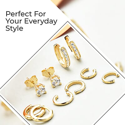 Set of 5 Simulated Diamond 1.40 ctw Earrings in 14K YG Over Sterling Silver, Simulated Diamond Solitaire Studs, Tribal Pattern Earrings, Plain Ear Cuffs, Simulated Diamond Studs