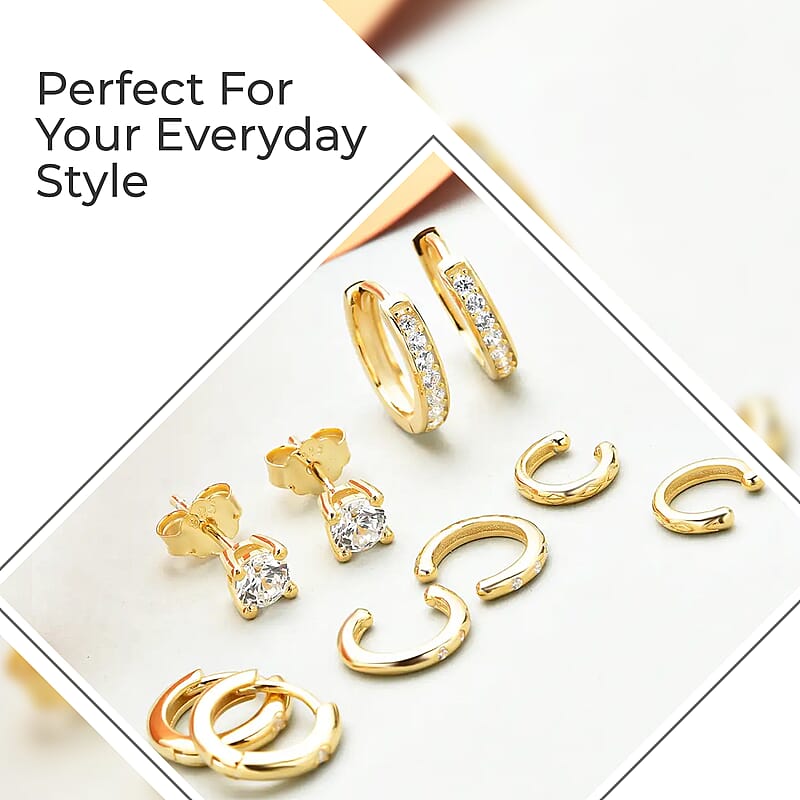 Set of 5 Simulated Diamond 1.40 ctw Earrings in 14K YG Over Sterling Silver, Simulated Diamond Solitaire Studs, Tribal Pattern Earrings, Plain Ear Cuffs, Simulated Diamond Studs
