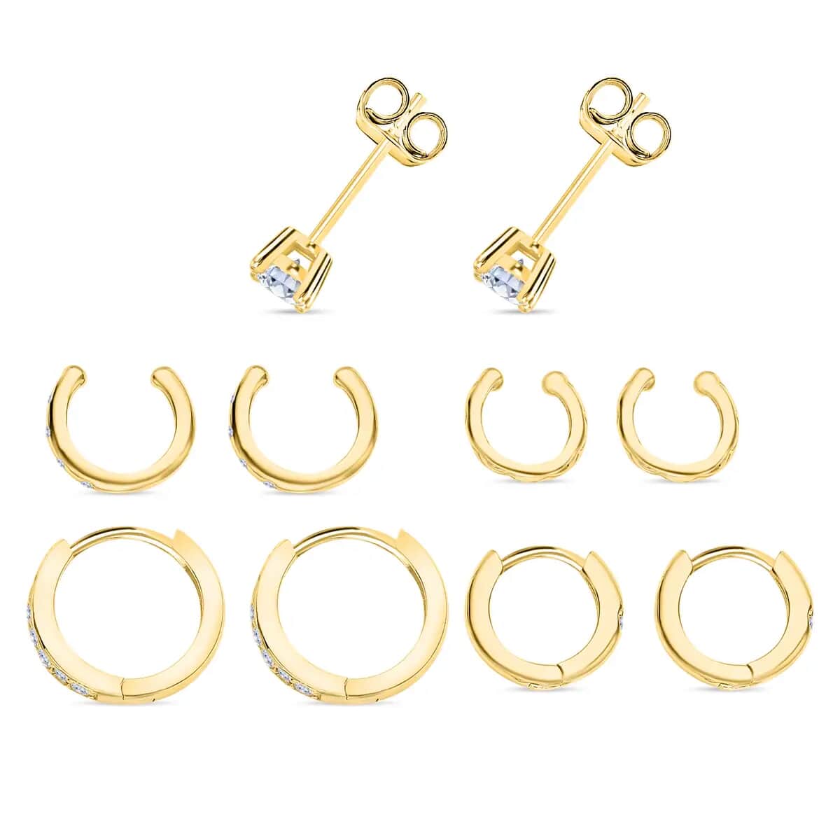 Ear Party, Set of 5 Simulate Diamond Earring Pairs, 1 Heart Studded Huggie Hoops, 1 Studded Huggie Hoops, 1 Tribal Pattern Ear Cuffs, 1 Plain Ear Cuffs, 1 Studs in 14K RG Over Sterling Silve image number 3