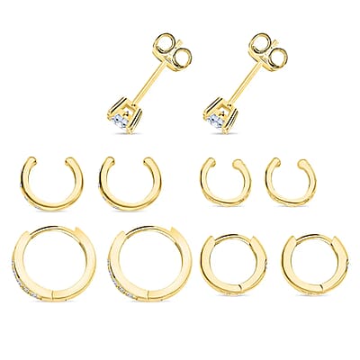 Set of 5 Simulated Diamond 1.40 ctw Earrings in 14K YG Over Sterling Silver, Simulated Diamond Solitaire Studs, Tribal Pattern Earrings, Plain Ear Cuffs, Simulated Diamond Studs