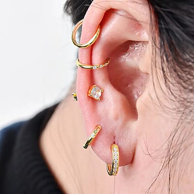 Set of 5 Simulated Diamond 1.40 ctw Earrings in 14K YG Over Sterling Silver, Simulated Diamond Solitaire Studs, Tribal Pattern Earrings, Plain Ear Cuffs, Simulated Diamond Studs