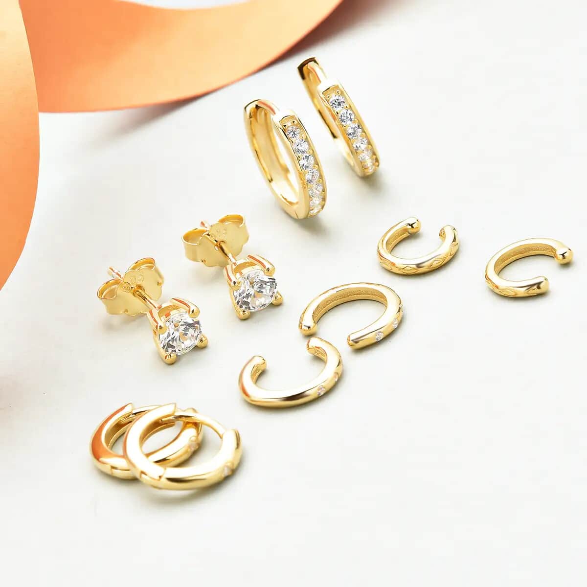 Ear Party, Set of 5 Simulate Diamond Earring Pairs, 1 Heart Studded Huggie Hoops, 1 Studded Huggie Hoops, 1 Tribal Pattern Ear Cuffs, 1 Plain Ear Cuffs, 1 Studs in 14K RG Over Sterling Silve image number 5
