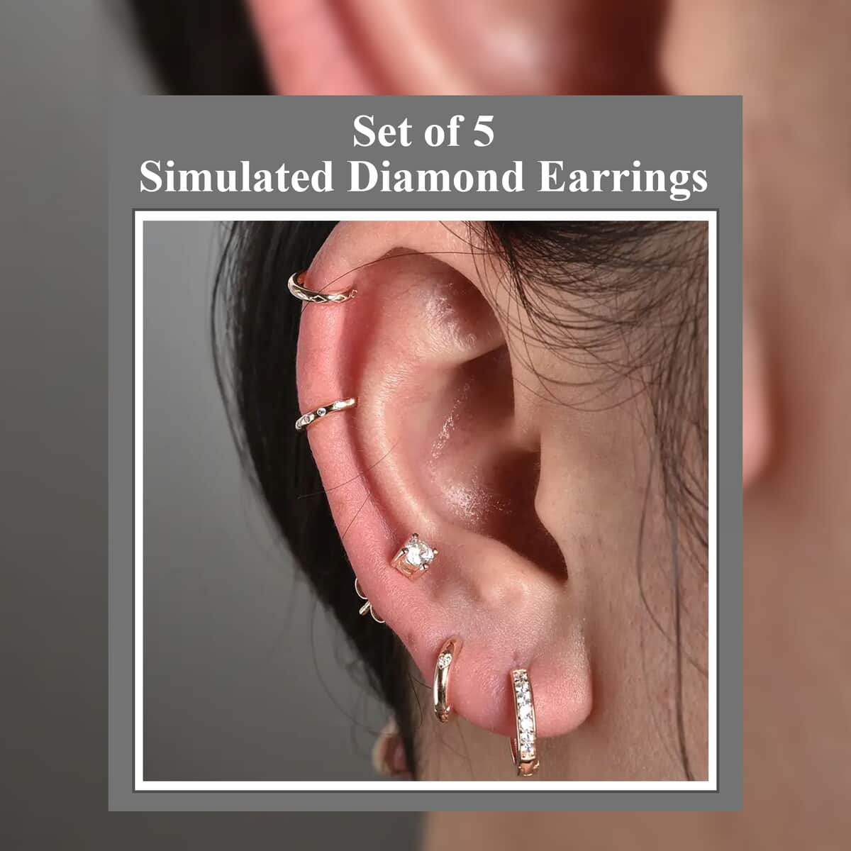 Set of 5 Simulated Diamond 1.40 ctw Earrings in 14K RG Over Sterling Silver, Simulated Diamond Solitaire Studs, Tribal Pattern Earrings, Plain Ear Cuffs, Simulated Diamond Studs image number 1