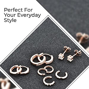 Set of 5 Simulated Diamond 1.40 ctw Earrings in 14K RG Over Sterling Silver, Simulated Diamond Solitaire Studs, Tribal Pattern Earrings, Plain Ear Cuffs, Simulated Diamond Studs