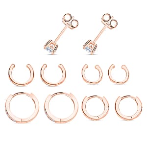 Set of 5 Simulated Diamond 1.40 ctw Earrings in 14K RG Over Sterling Silver, Simulated Diamond Solitaire Studs, Tribal Pattern Earrings, Plain Ear Cuffs, Simulated Diamond Studs