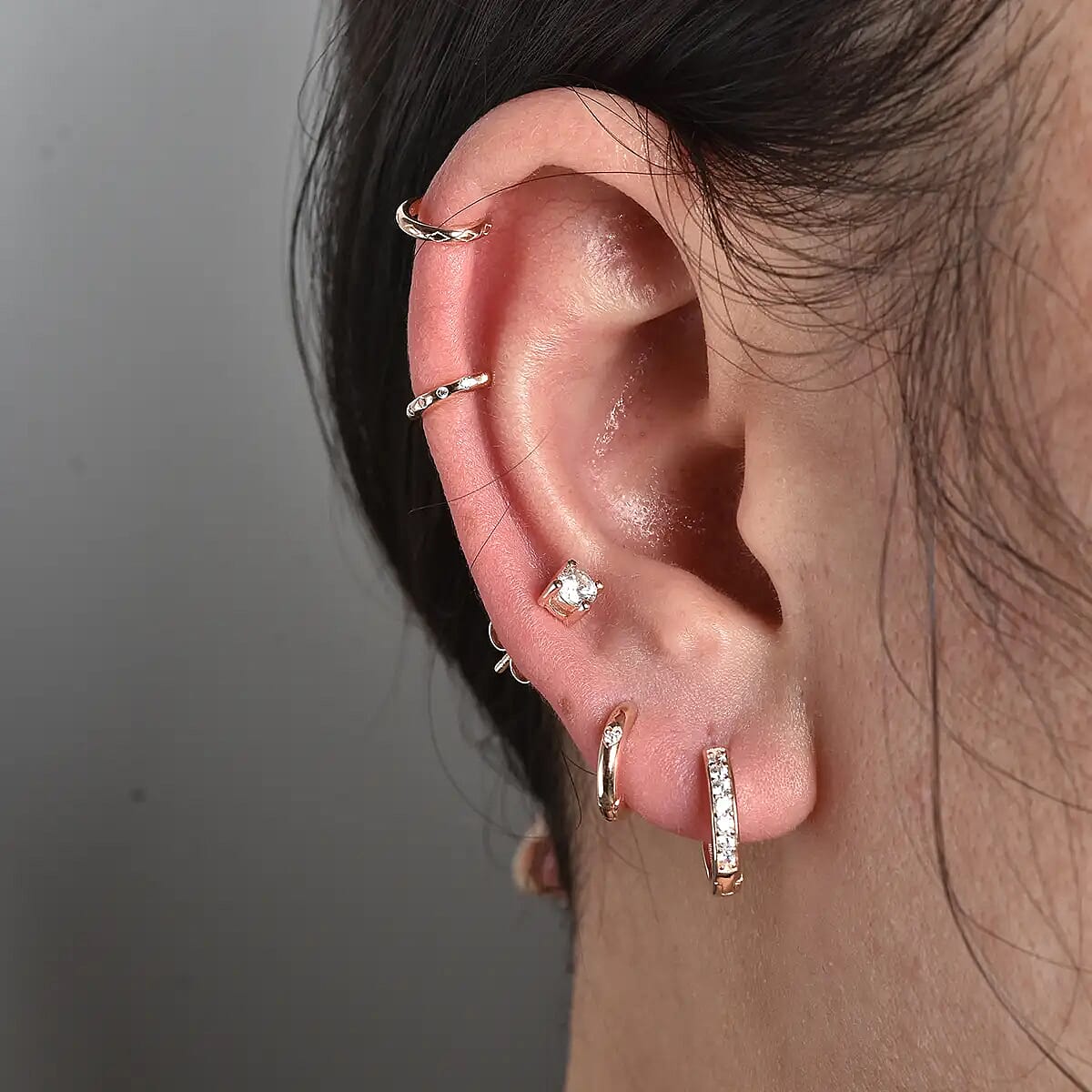 Set of 5 Simulated Diamond 1.40 ctw Earrings in 14K RG Over Sterling Silver, Simulated Diamond Solitaire Studs, Tribal Pattern Earrings, Plain Ear Cuffs, Simulated Diamond Studs