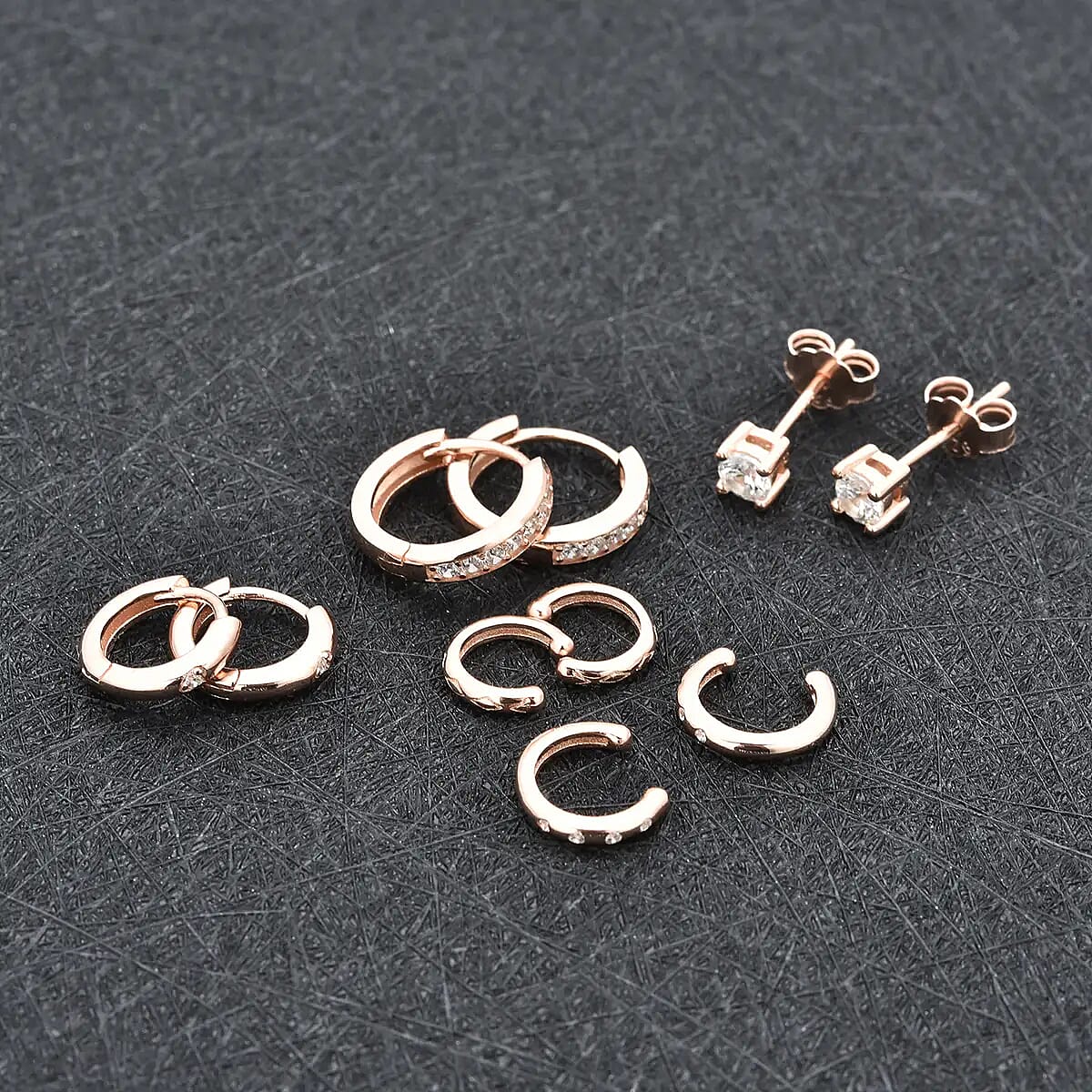 Set of 5 Simulated Diamond 1.40 ctw Earrings in 14K RG Over Sterling Silver, Simulated Diamond Solitaire Studs, Tribal Pattern Earrings, Plain Ear Cuffs, Simulated Diamond Studs
