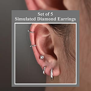 Set of 5 Simulated Diamond 1.40 ctw Earrings in Rhodium Over Sterling Silver, Simulated Diamond Solitaire Studs, Tribal Pattern Earrings, Plain Ear Cuffs, Simulated Diamond Studs