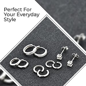 Set of 5 Simulated Diamond 1.40 ctw Earrings in Rhodium Over Sterling Silver, Simulated Diamond Solitaire Studs, Tribal Pattern Earrings, Plain Ear Cuffs, Simulated Diamond Studs