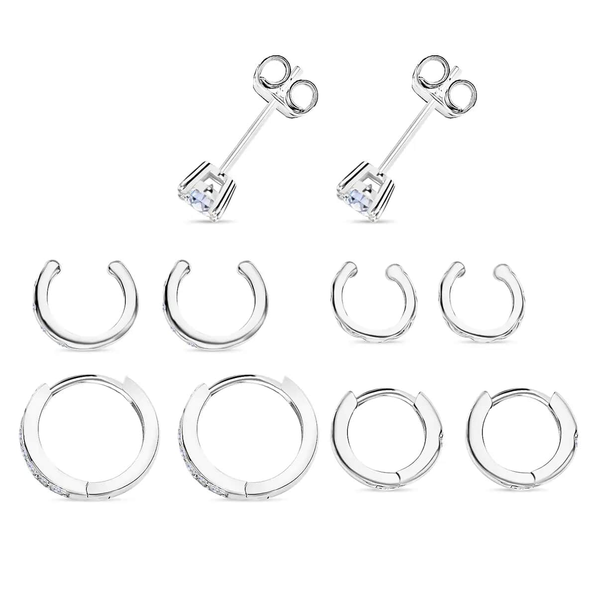 Set of 5 Simulated Diamond 1.40 ctw Earrings in Rhodium Over Sterling Silver, Simulated Diamond Solitaire Studs, Tribal Pattern Earrings, Plain Ear Cuffs, Simulated Diamond Studs image number 3