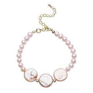 Purple Fresh Water Pearl and Purple Keshi Pearl Bracelet in Goldtone (7.50 In)
