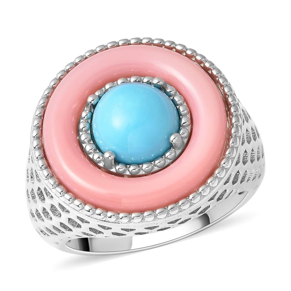 American Natural Sleeping Beauty Turquoise and Pink Mother Of Pearl Ring in Rhodium Over Sterling Silver 1.90 ctw image number 0