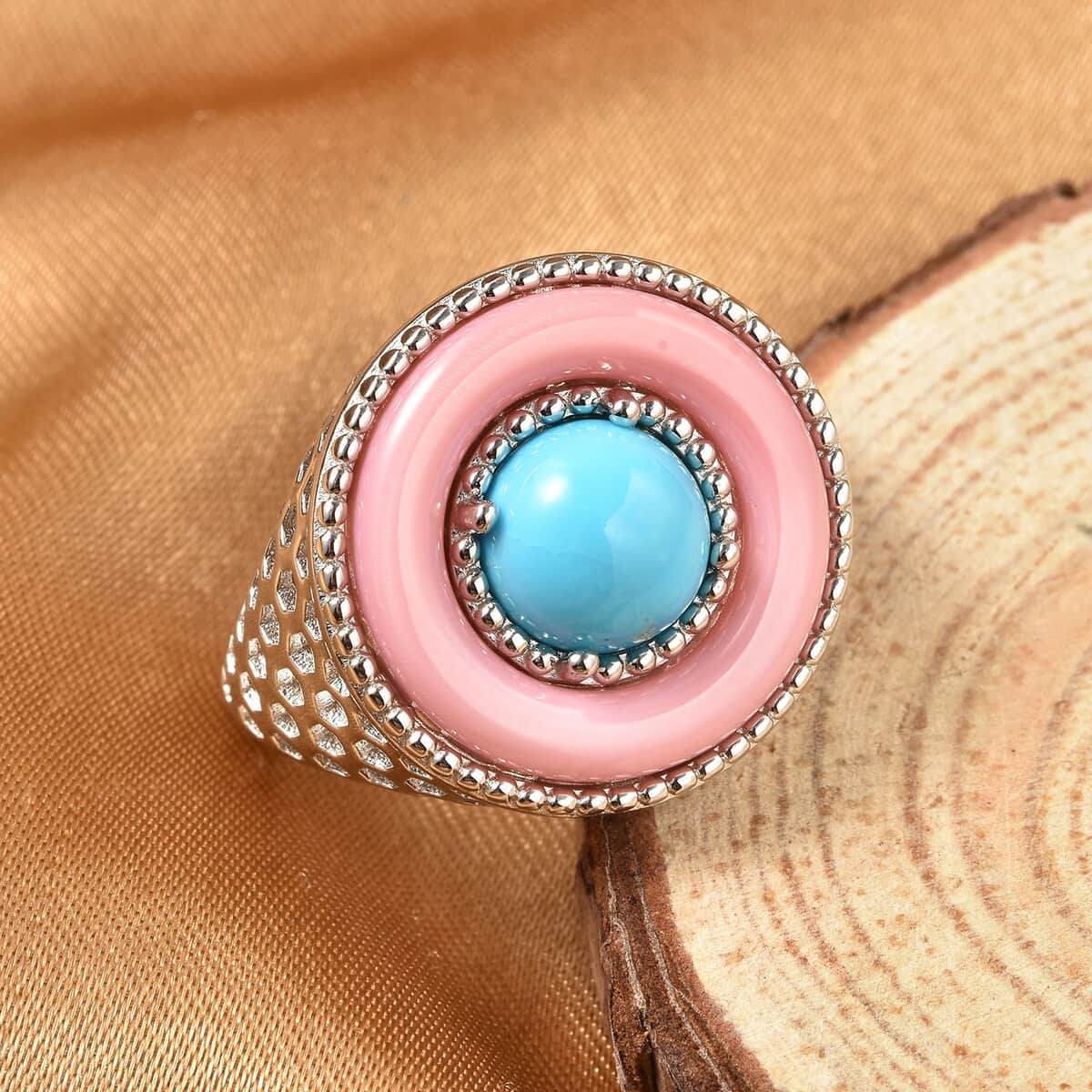 American Natural Sleeping Beauty Turquoise and Pink Mother Of Pearl Ring in Rhodium Over Sterling Silver 1.90 ctw image number 1