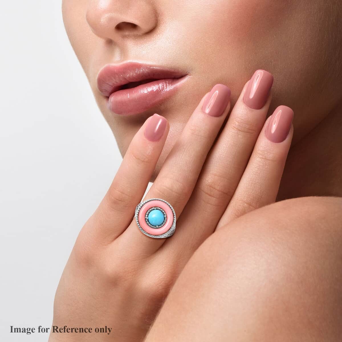 American Natural Sleeping Beauty Turquoise and Pink Mother Of Pearl Ring in Rhodium Over Sterling Silver 1.90 ctw image number 2