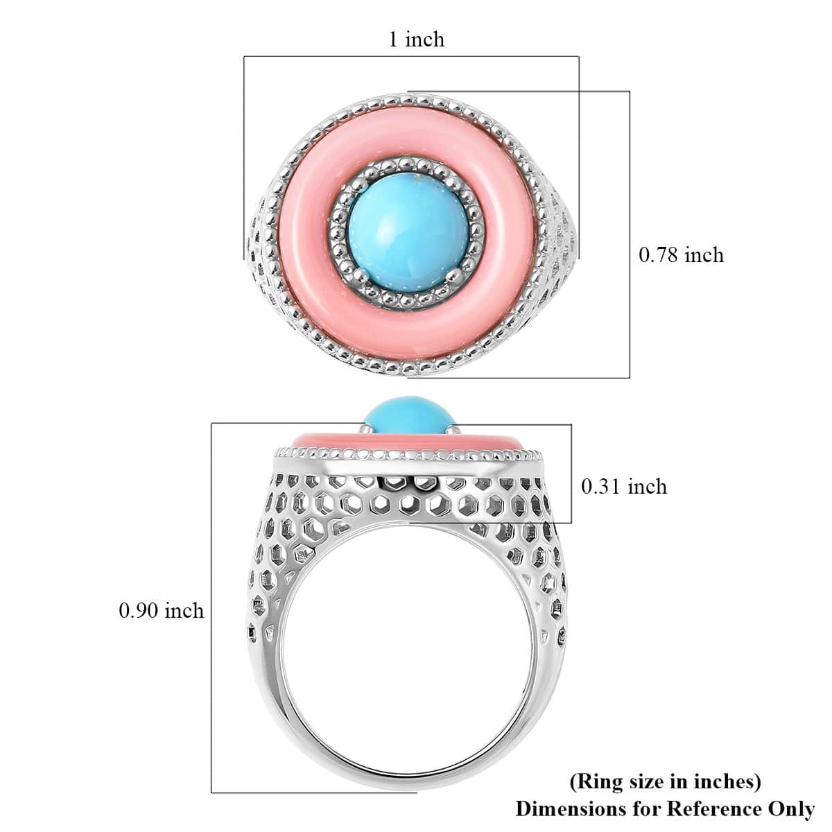 American Natural Sleeping Beauty Turquoise and Pink Mother Of Pearl Ring in Rhodium Over Sterling Silver 1.90 ctw image number 4