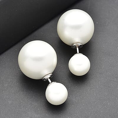 White Shell Pearl Stud Earrings in Rhodium Over Sterling Silver