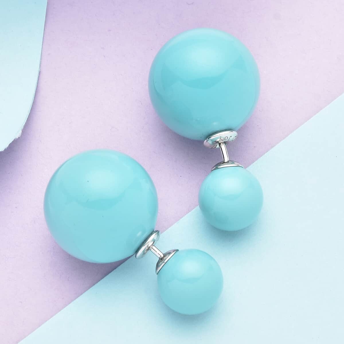 Turquoise Blue Shell Pearl Stud Earrings in Rhodium Over Sterling Silver image number 1