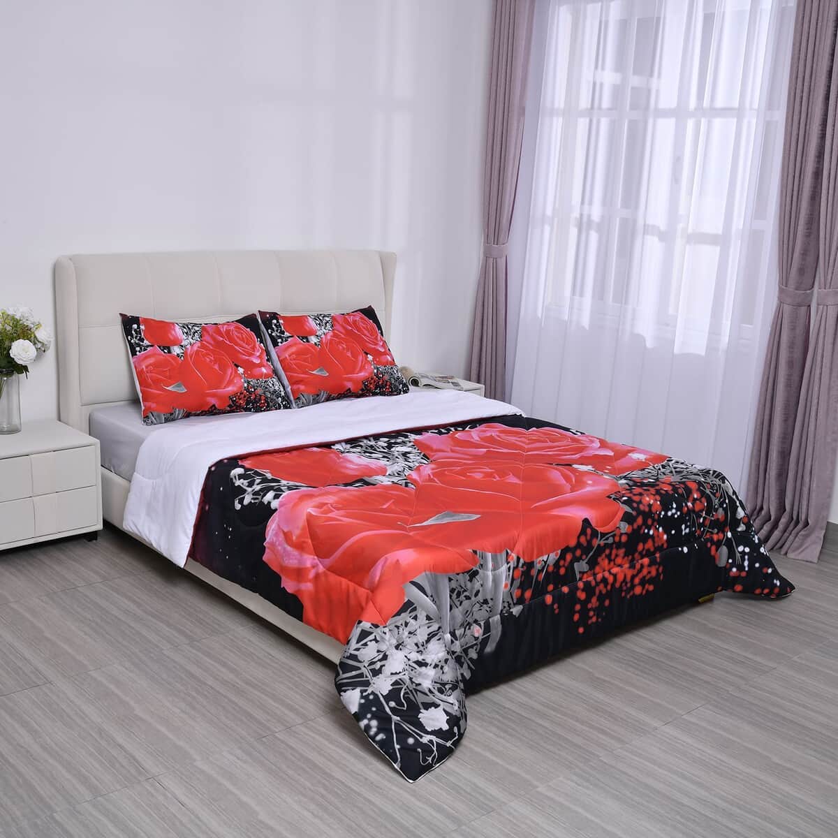 Homesmart Red Floral 3D Digital Print Pattern Microfiber Comforter and Pillow Cover - Queen, Best Comforter Sets, Bed Comforters, Comforter Set for Bedroom image number 0