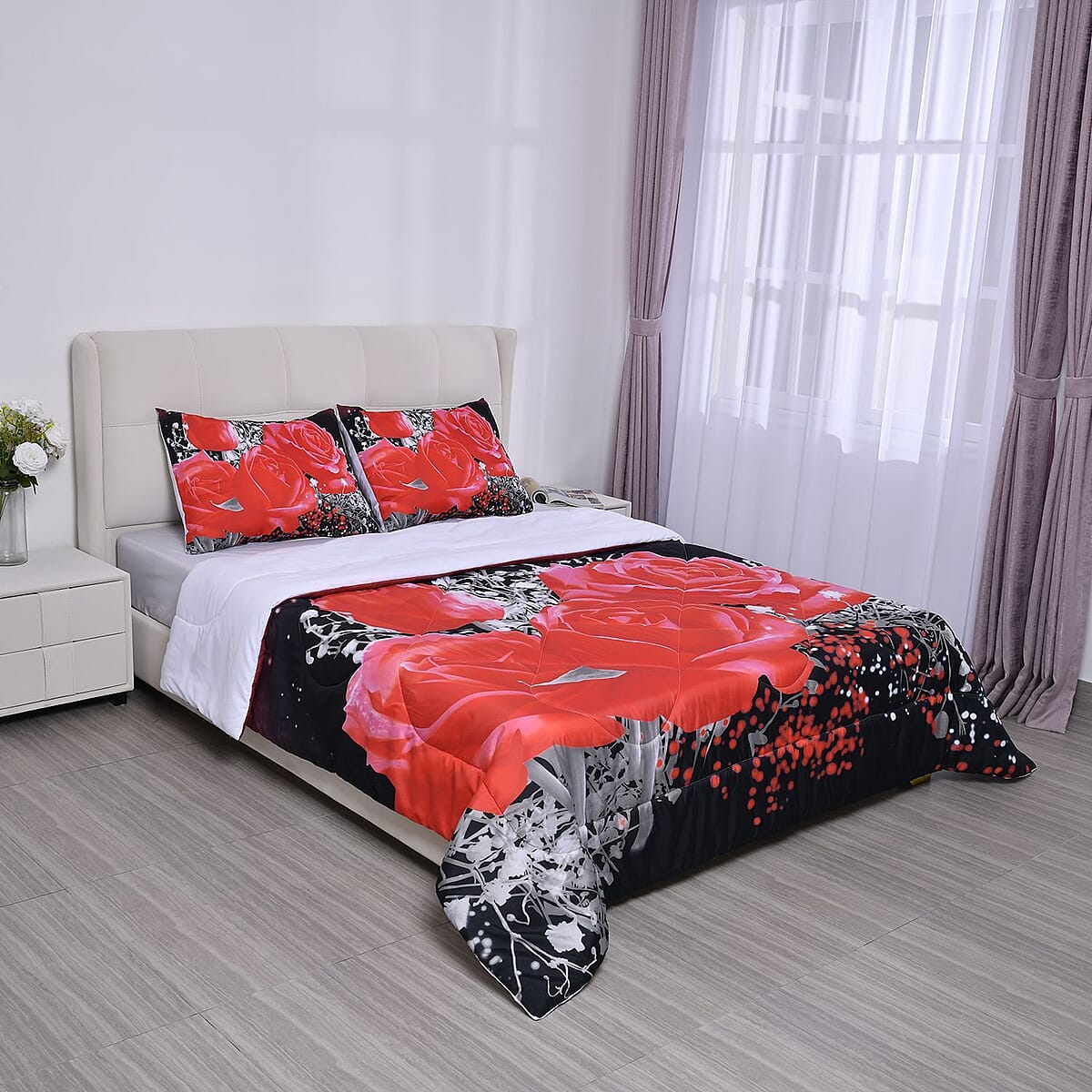 Homesmart Red Floral 3D Digital Print Pattern Microfiber Comforter and Pillow Cover - Queen, Best Comforter Sets, Bed Comforters, Comforter Set for Bedroom image number 0