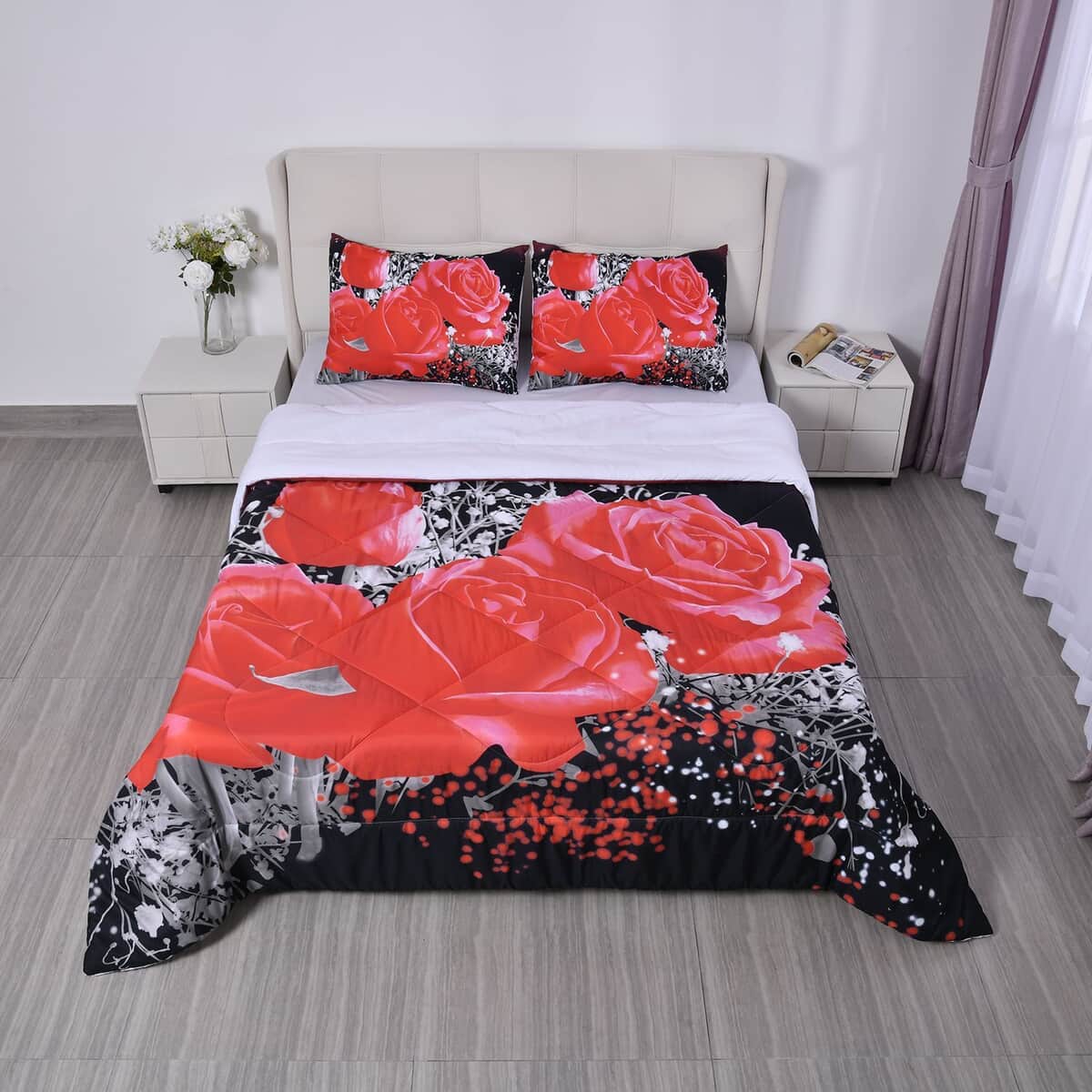 Homesmart Red Floral 3D Digital Print Pattern Microfiber Comforter and Pillow Cover - Queen, Best Comforter Sets, Bed Comforters, Comforter Set for Bedroom image number 1