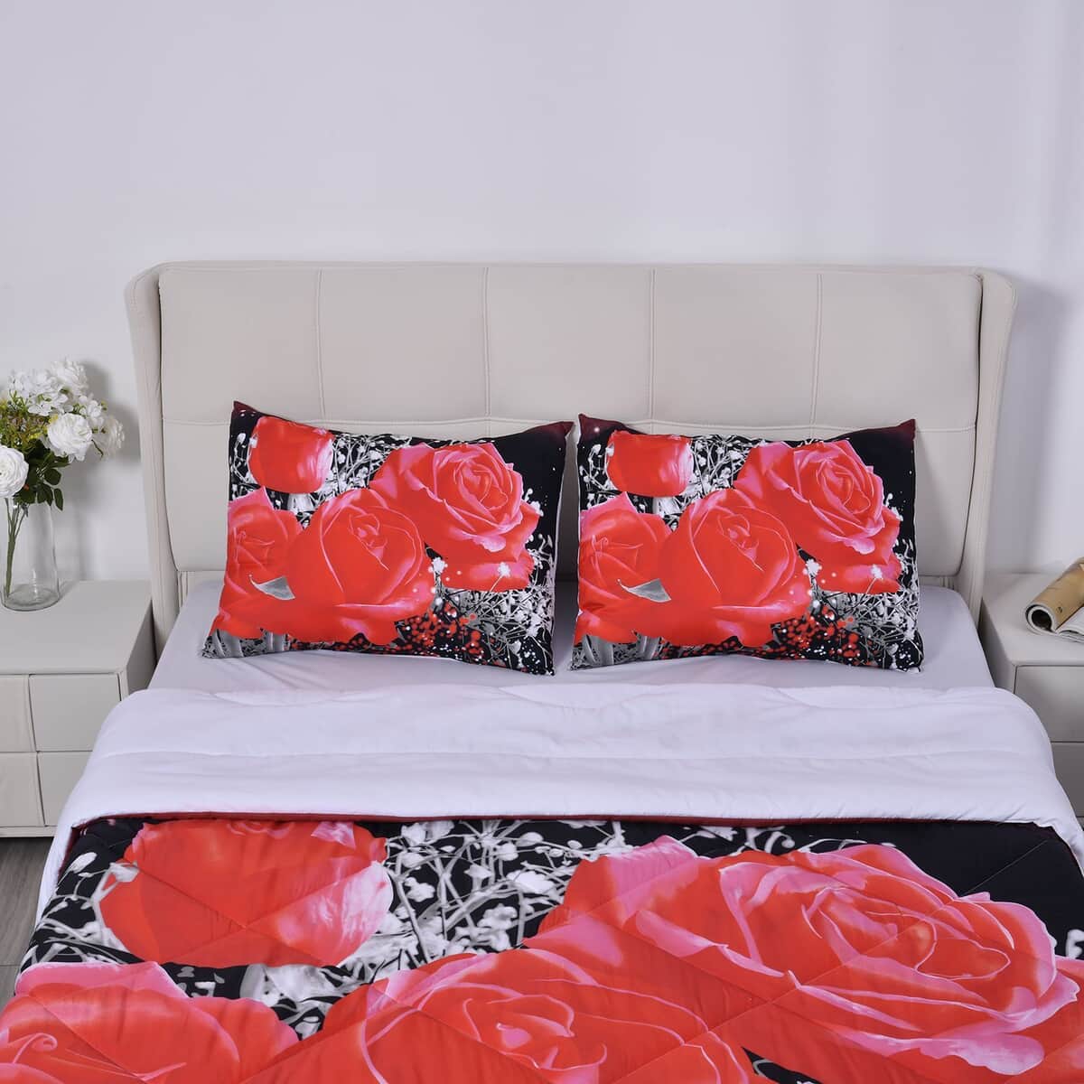Homesmart Red Floral 3D Digital Print Pattern Microfiber Comforter and Pillow Cover - Queen, Best Comforter Sets, Bed Comforters, Comforter Set for Bedroom image number 3
