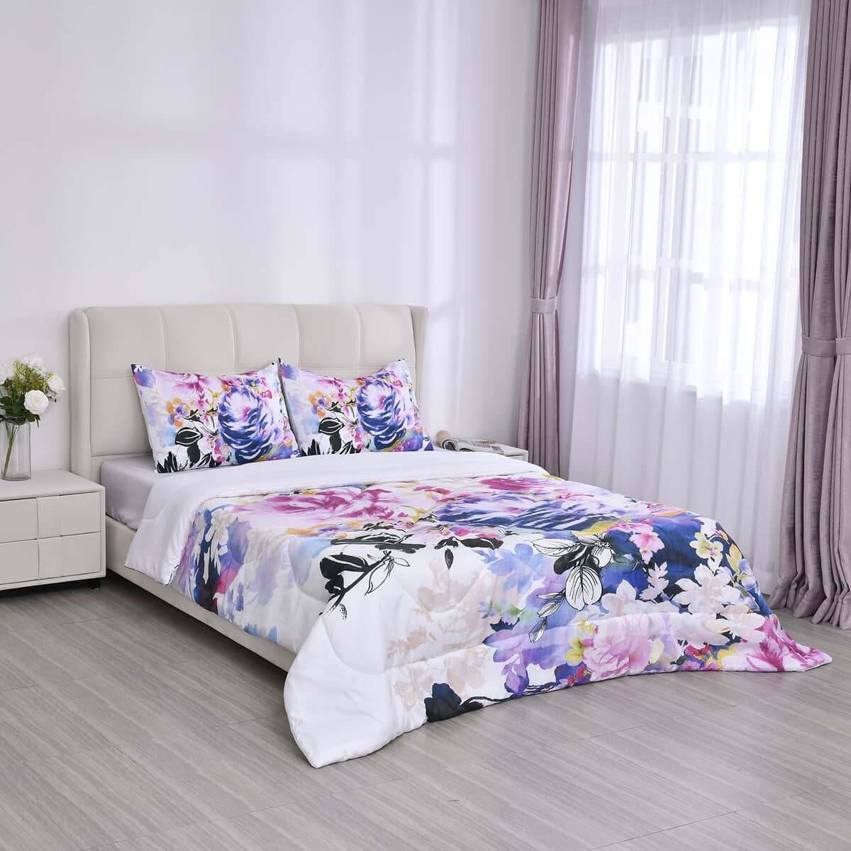 Homesmart Fuchsia Floral 3D Digital Print Pattern Microfiber Comforter and Pillow Cover - Queen, Best Comforter Sets, Bed Comforters, Comforter Set for Bedroom image number 0