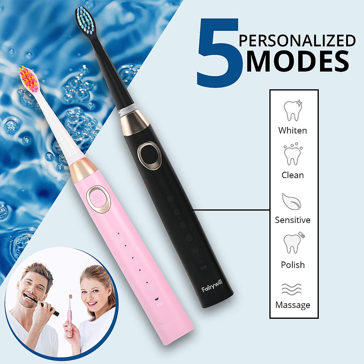 Fairywill Sonic Electric Vibration Toothbrush in Pink with 8 Replacement Heads, USB and Travel Case image number 1