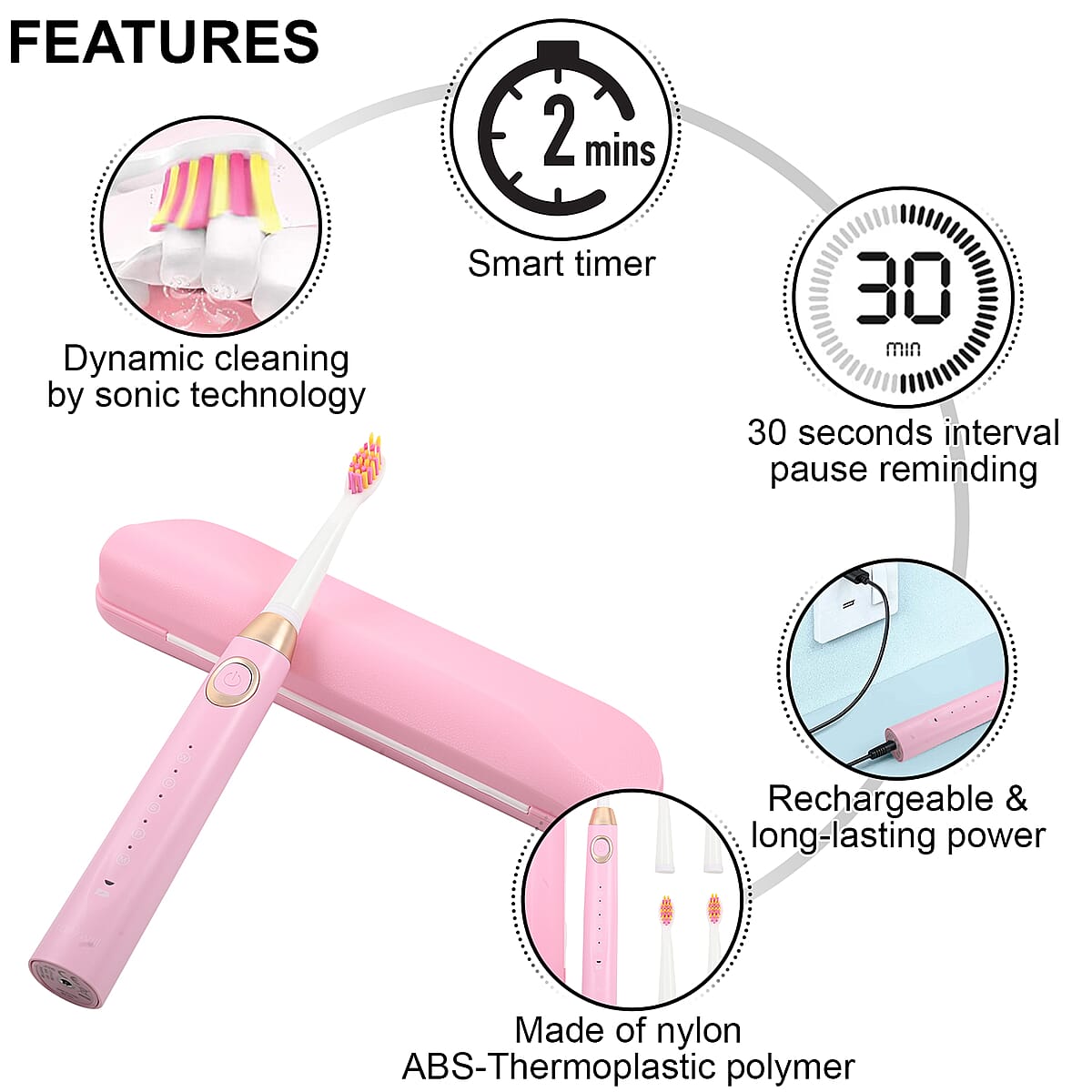 Fairywill Sonic Electric Vibration Toothbrush in Pink with 8 Replacement Heads, USB and Travel Case image number 2