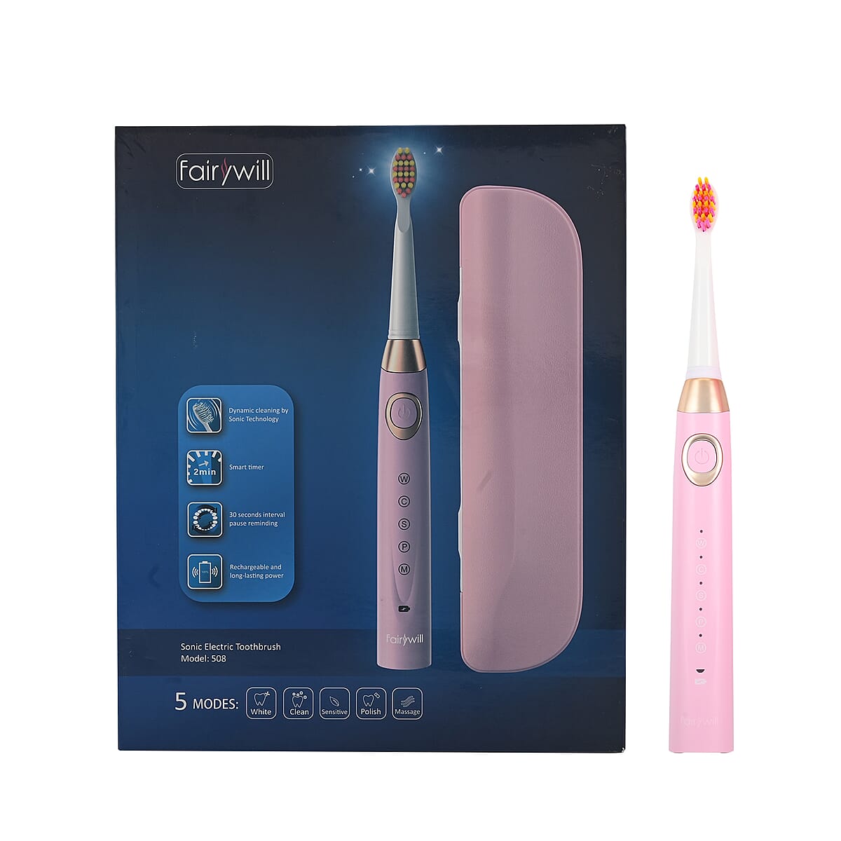 Fairywill Sonic Electric Vibration Toothbrush in Pink with 8 Replacement Heads, USB and Travel Case image number 5