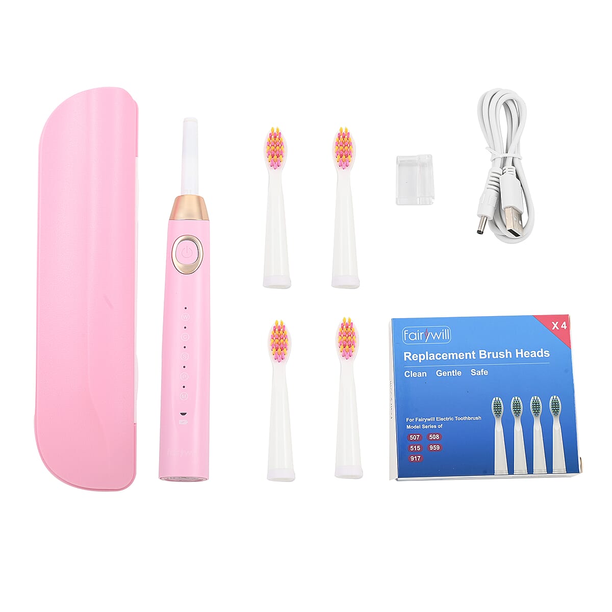 Fairywill Sonic Electric Vibration Toothbrush in Pink with 8 Replacement Heads, USB and Travel Case image number 7
