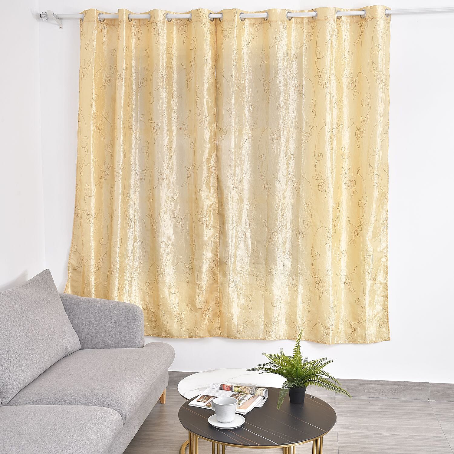 Set of 2 Ivory Embroidered Polyester Curtains with 8 Metal Grommets, Handwash Grommets Curtains Set For Door and Windows