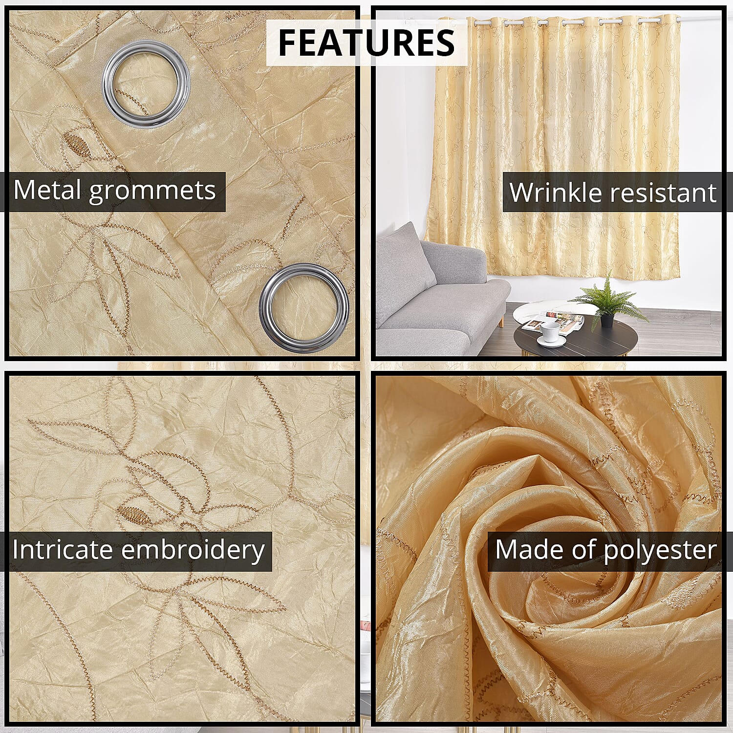 Set of 2 Ivory Embroidered Polyester Curtains with 8 Metal Grommets, Handwash Grommets Curtains Set For Door and Windows