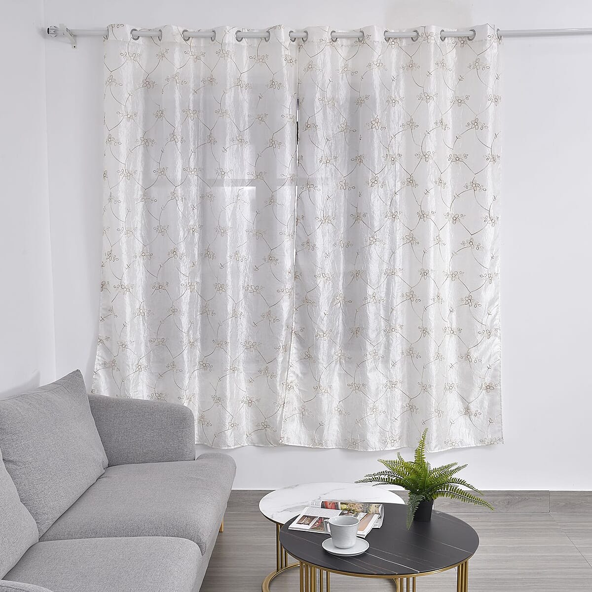 Set of 2 White Embroidered Polyester Curtains with 8 Metal Grommets, Handwash Grommets Curtains Set For Door and Windows image number 1