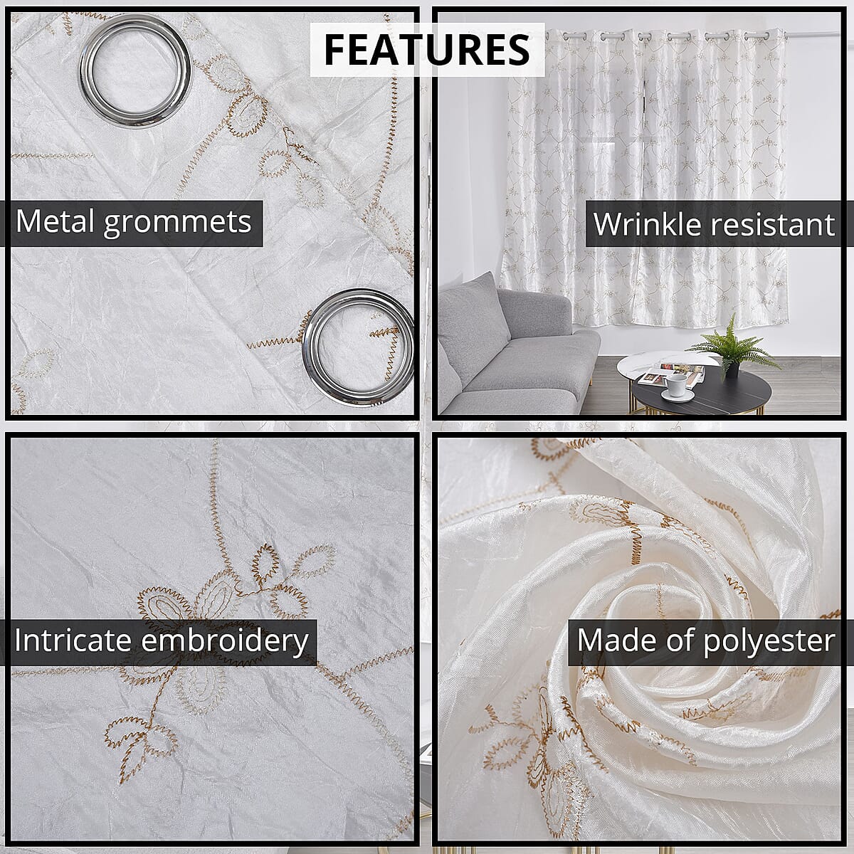 Set of 2 White Embroidered Polyester Curtains with 8 Metal Grommets, Handwash Grommets Curtains Set For Door and Windows image number 2