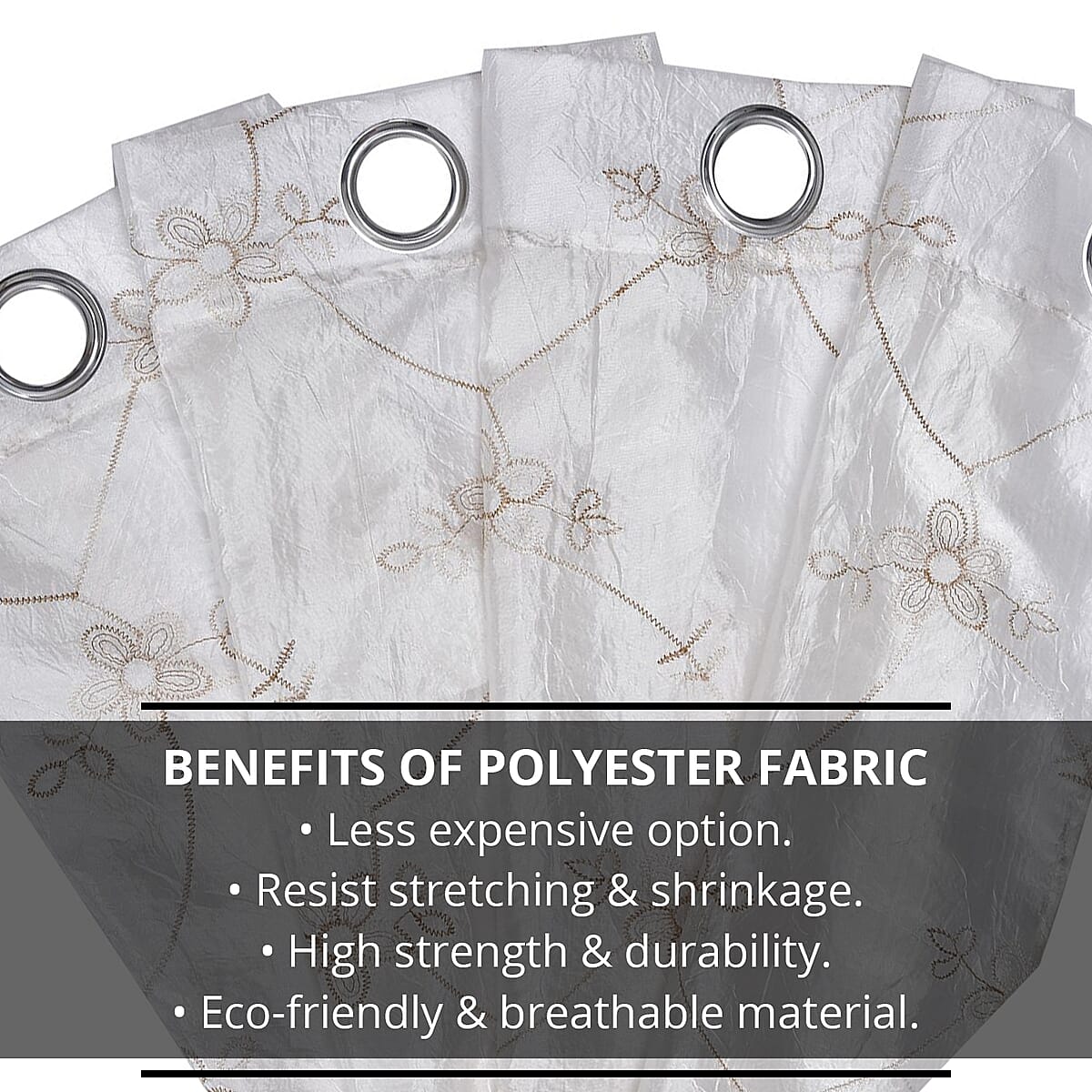 Set of 2 White Embroidered Polyester Curtains with 8 Metal Grommets, Handwash Grommets Curtains Set For Door and Windows image number 3