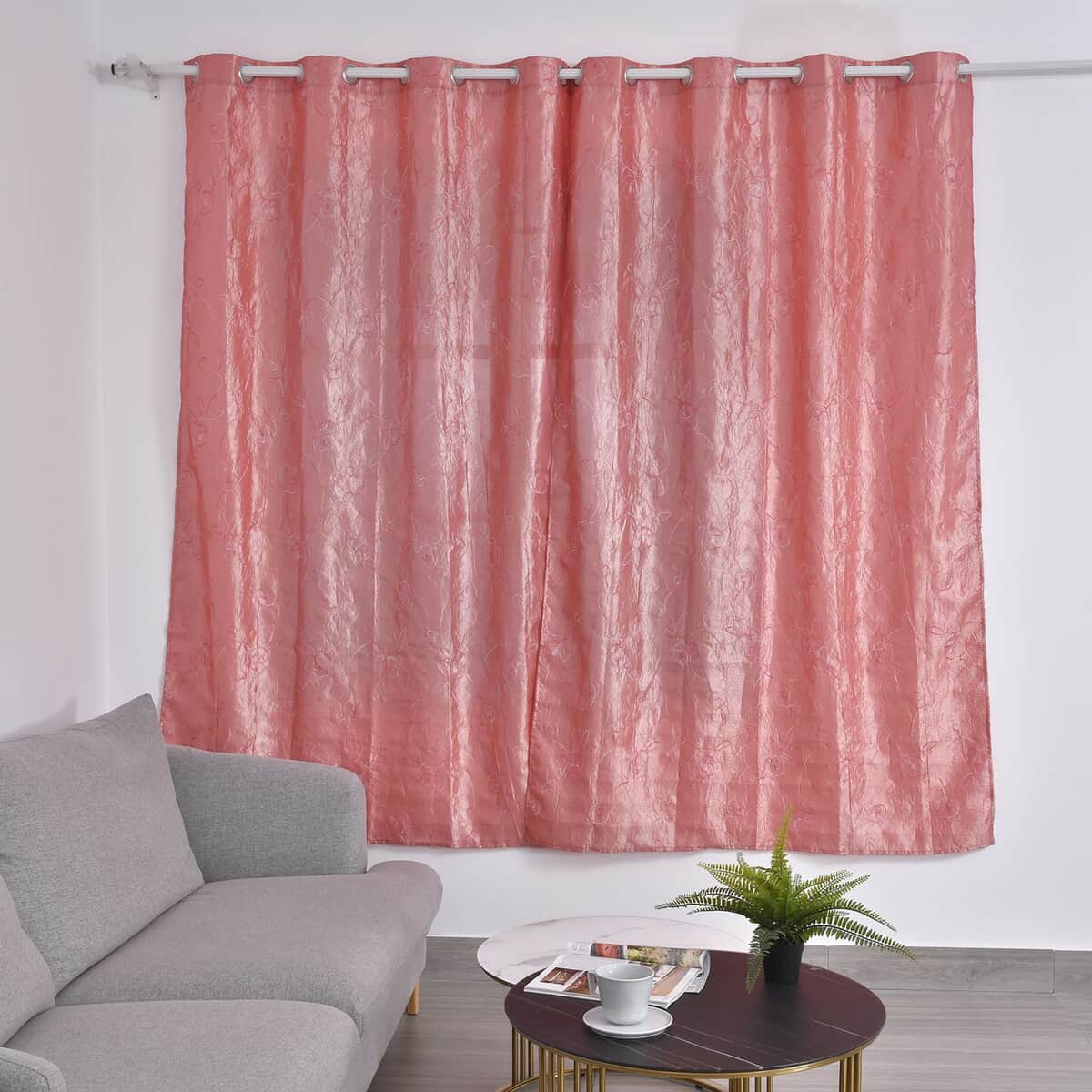 Set of 2 Pink Embroidered Polyester Curtains with 8 Metal Grommets, Handwash Grommets Curtains Set For Door and Windows image number 1