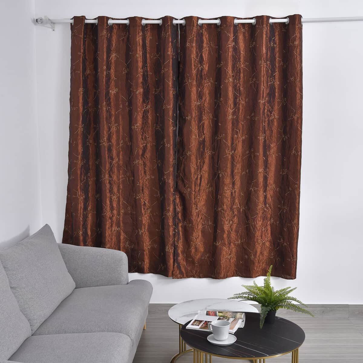 Set of 2 Brown Embroidered Polyester Curtains with 8 Metal Grommets, Handwash Grommets Curtains Set For Door and Windows image number 1