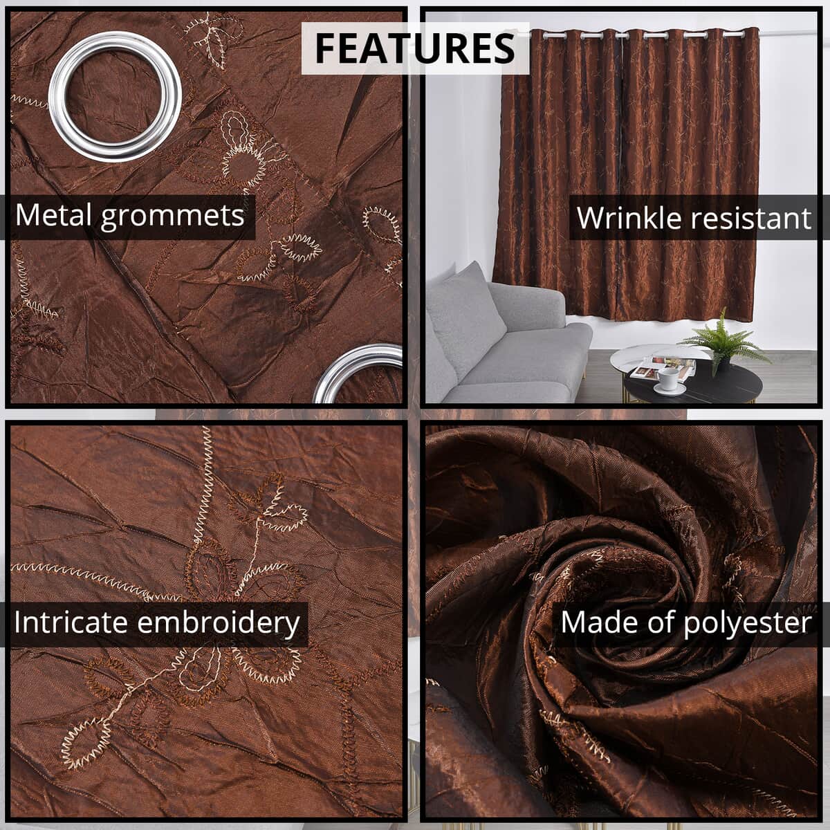 Set of 2 Brown Embroidered Polyester Curtains with 8 Metal Grommets, Handwash Grommets Curtains Set For Door and Windows image number 2