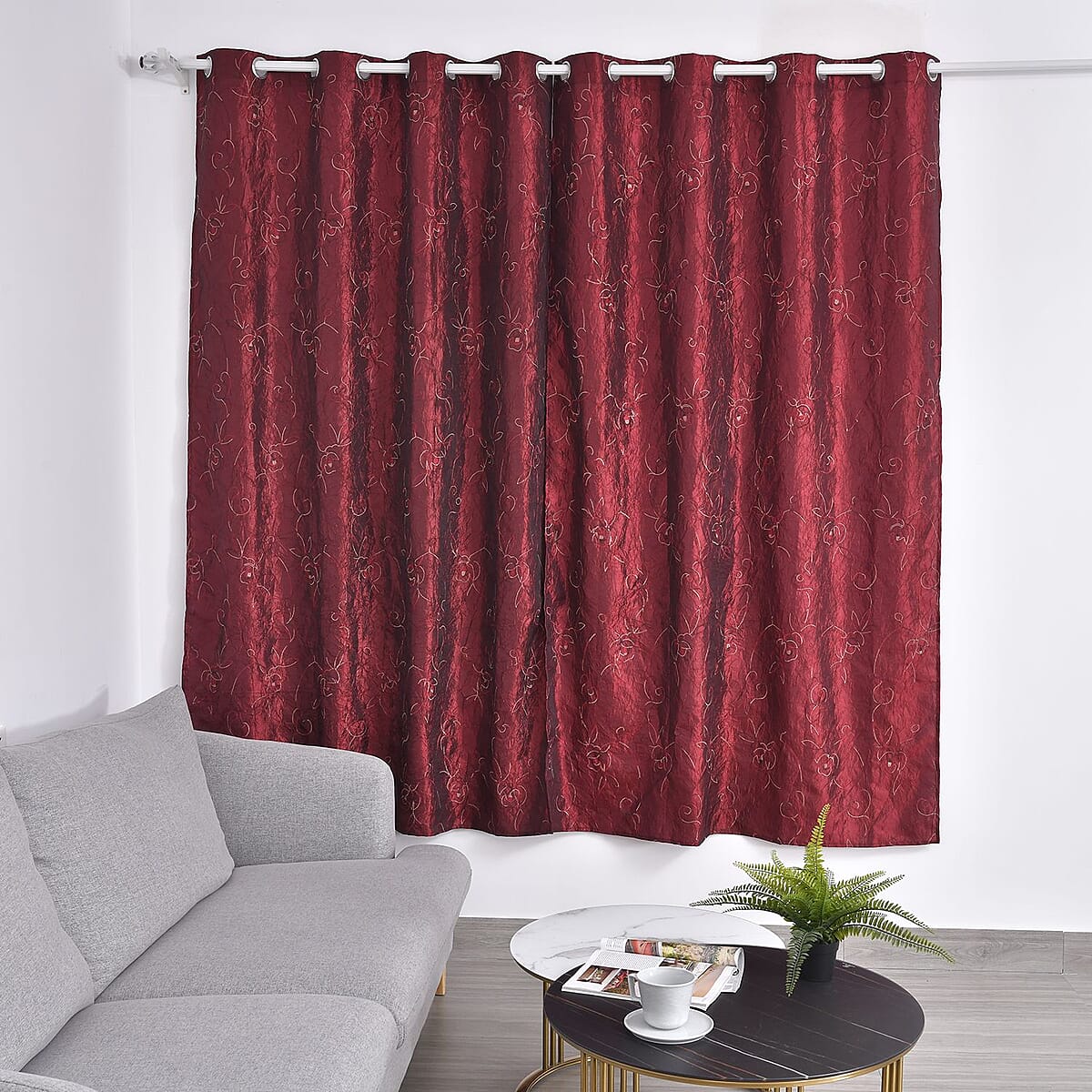 Set of 2 Burgundy Embroidered Polyester Curtains with 8 Metal Grommets, Handwash Grommets Curtains Set For Door and Windows image number 1