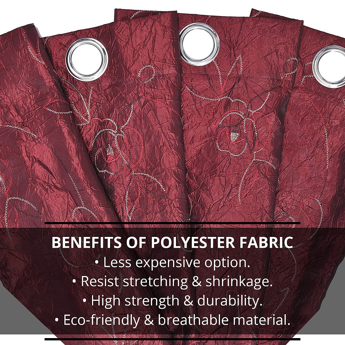 Set of 2 Burgundy Embroidered Polyester Curtains with 8 Metal Grommets, Handwash Grommets Curtains Set For Door and Windows image number 3